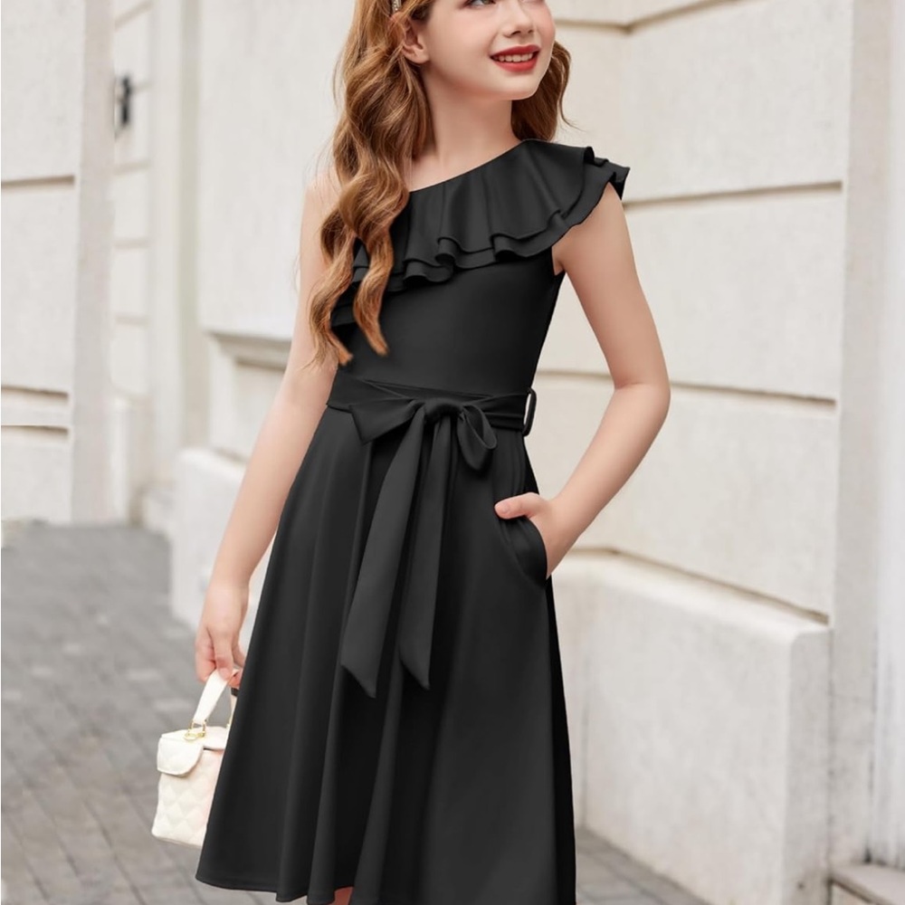 Girls' One-Shoulder Ruffle Party Dress with Sash - Black
